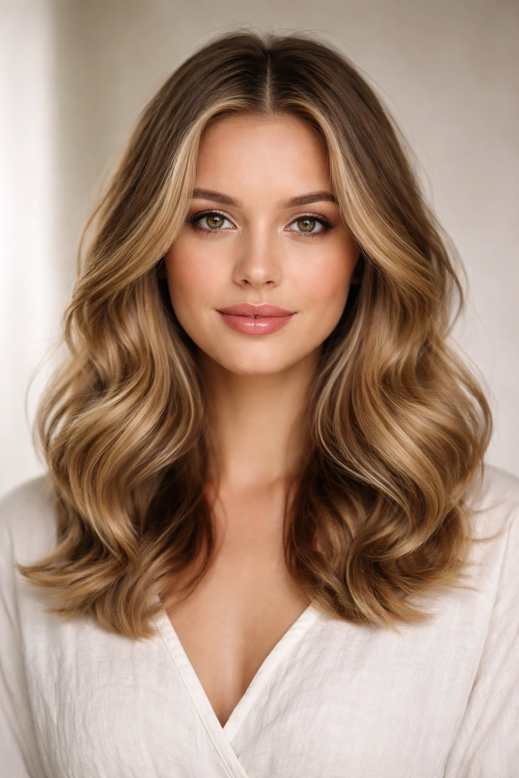 Face-framing soft curtain waves with center part on model