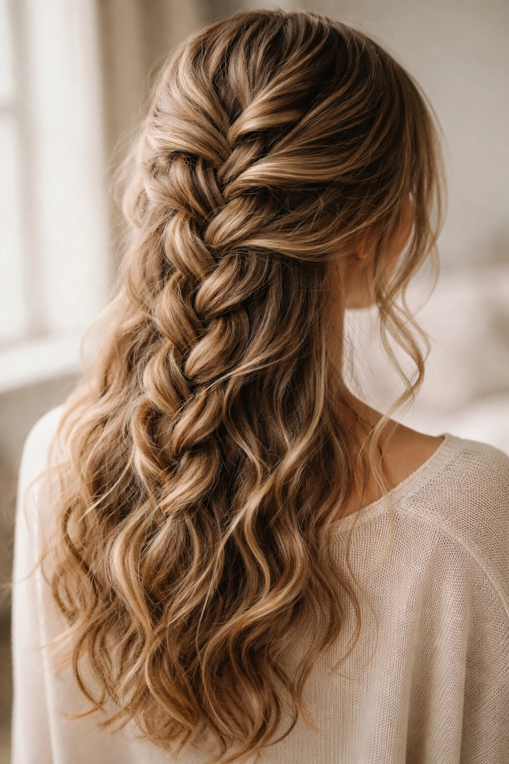 Close-up of a loose Dutch braid on wavy hair, showing texture and volume.