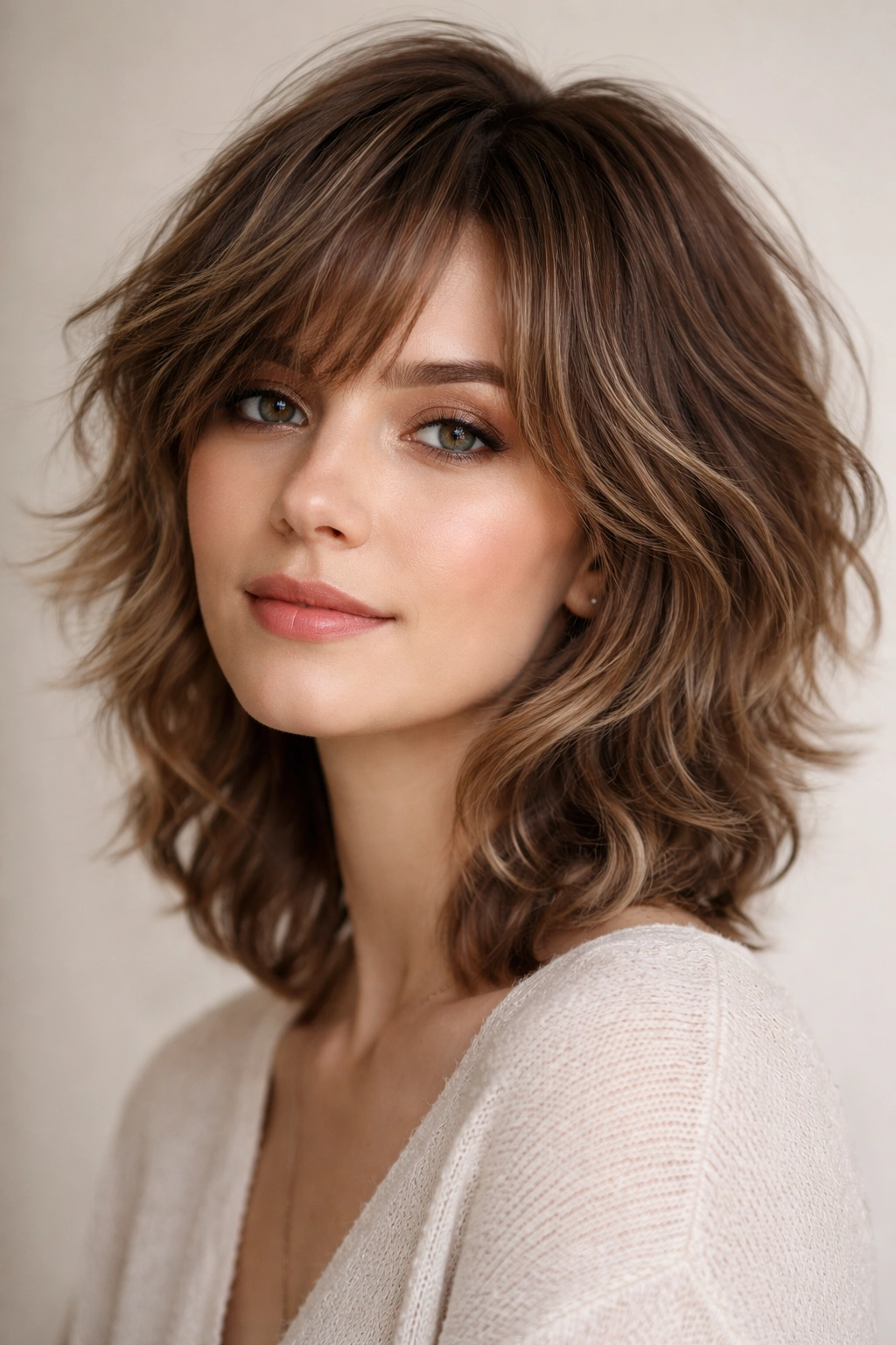 Soft feathered wolf cut with graduated layers and natural waves