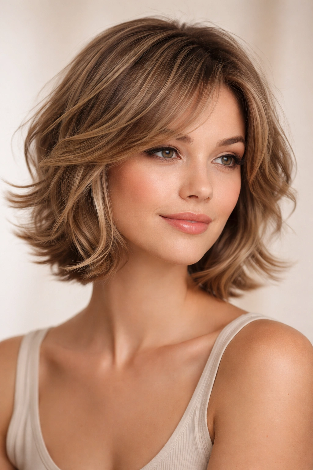 Portrait of a model with soft flip layers and outward-facing waves framing the face