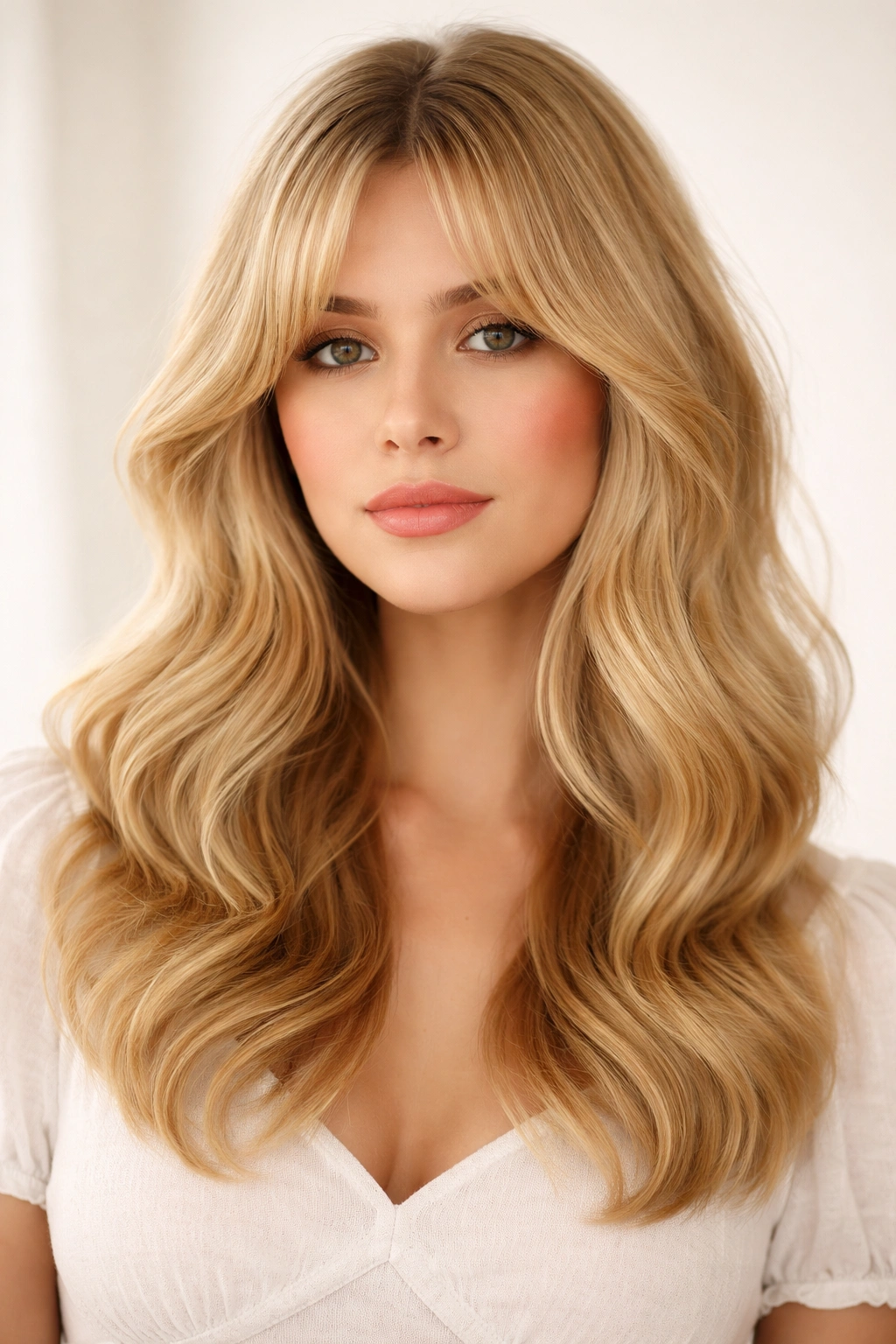 Soft gold blonde hair with long layers and curtain bangs in waves