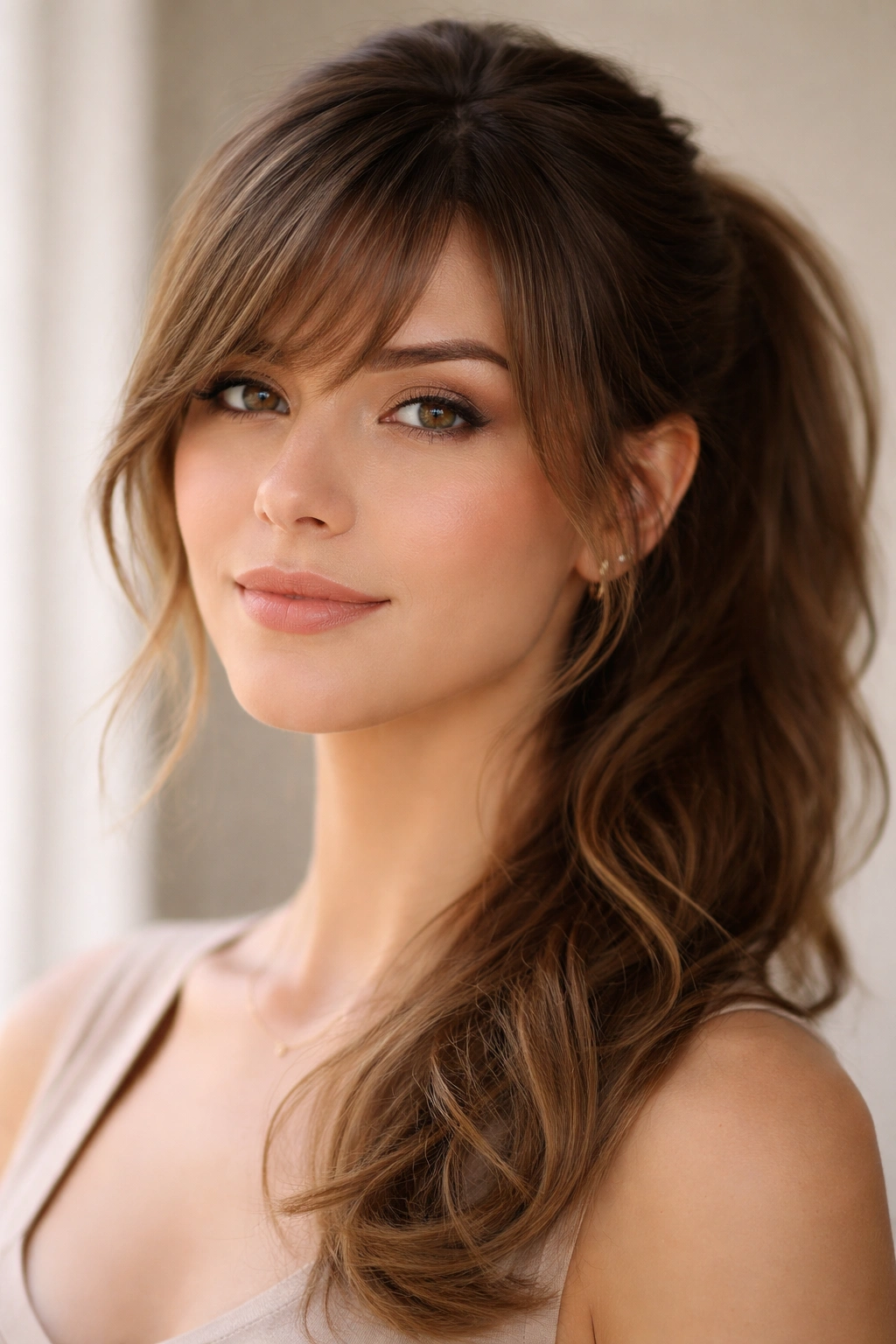 Close-up of a model with soft layered bangs framing a pear-shaped face