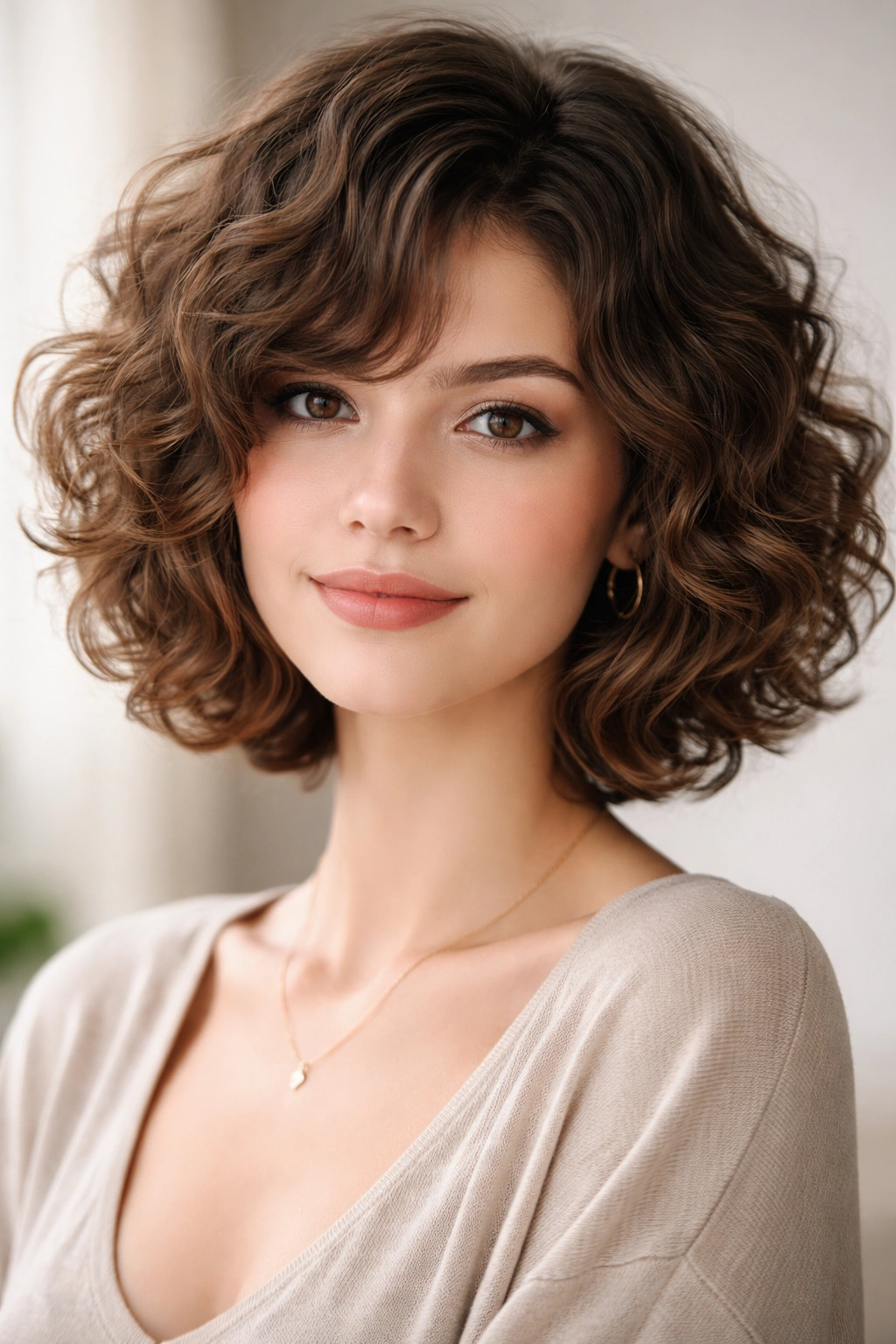 Front view of a short curly bob with layered, voluminous curls.