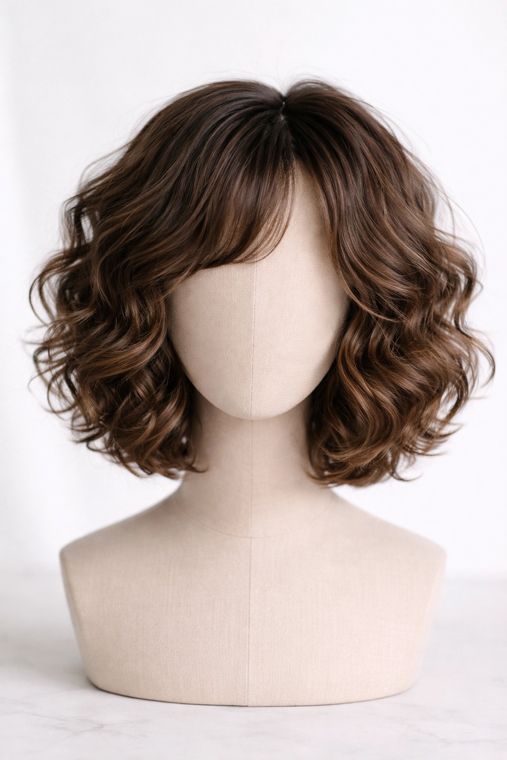 Close-up of a soft layered curly bob wig on a mannequin head showing blended layers and natural curls