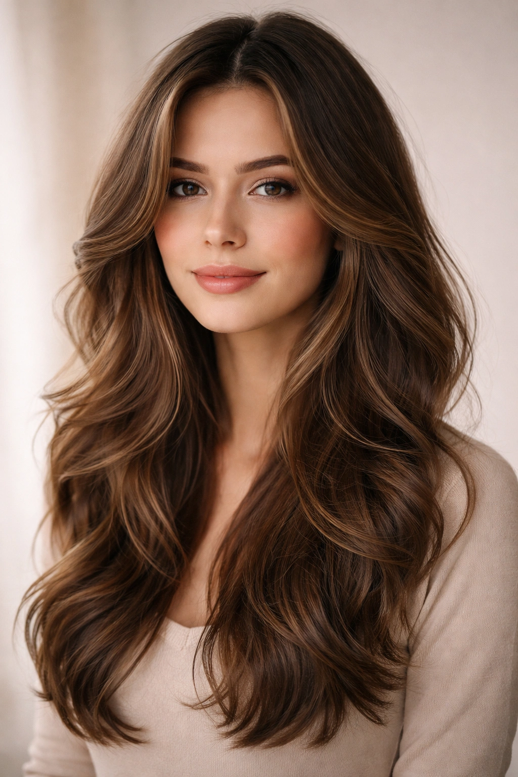 Close-up of long wavy hair with soft layers and face-framing pieces