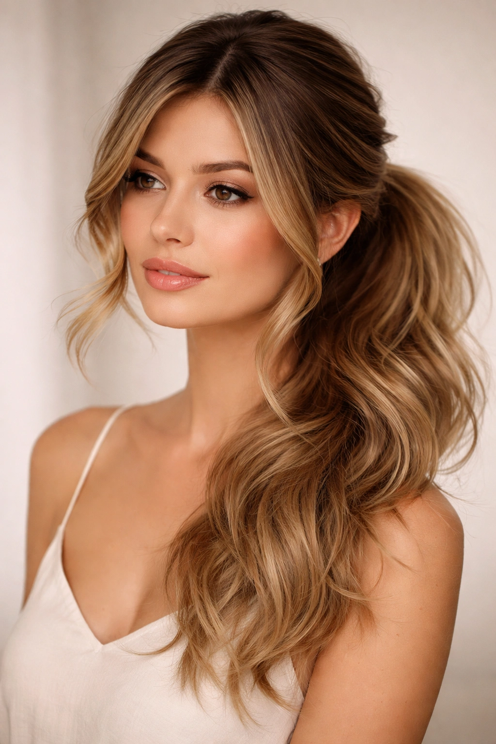 Soft layered side pony with natural texture and face-framing layers.