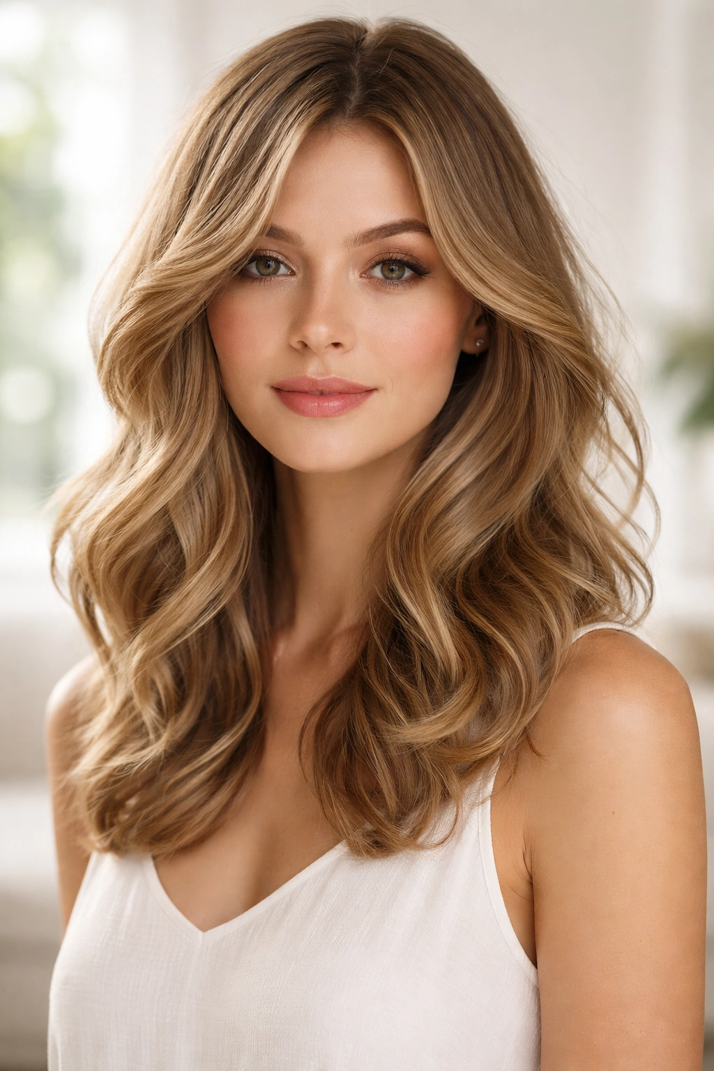 Soft-layers creating flowing romantic waves on shoulder-length hair in a bright studio.