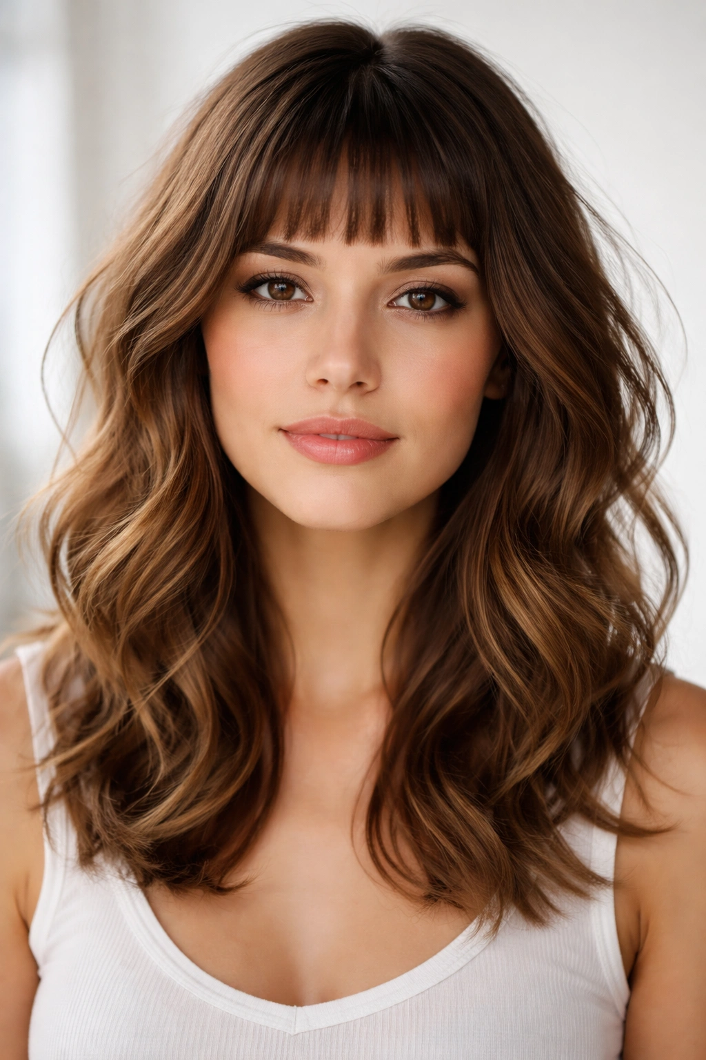 Soft face-framing layers with micro bangs on wavy hair