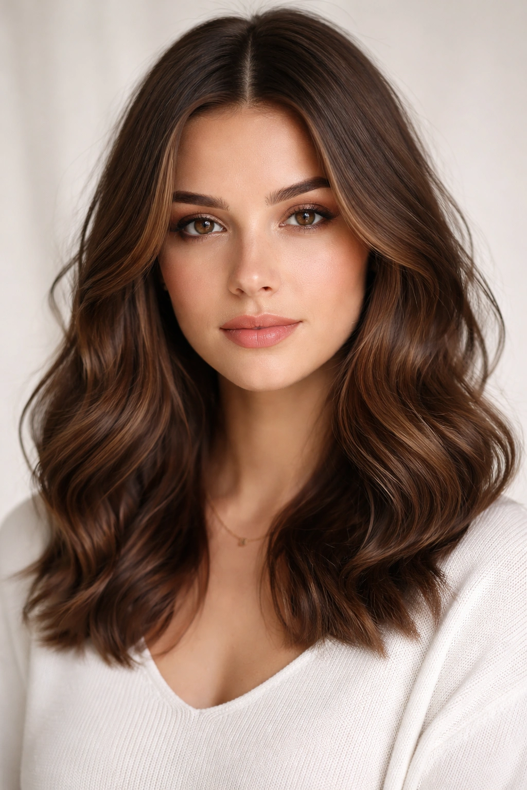 Soft loose waves with a middle part on brown hair