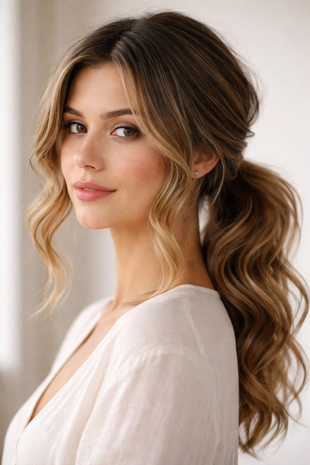 Soft low ponytail with face-framing waves
