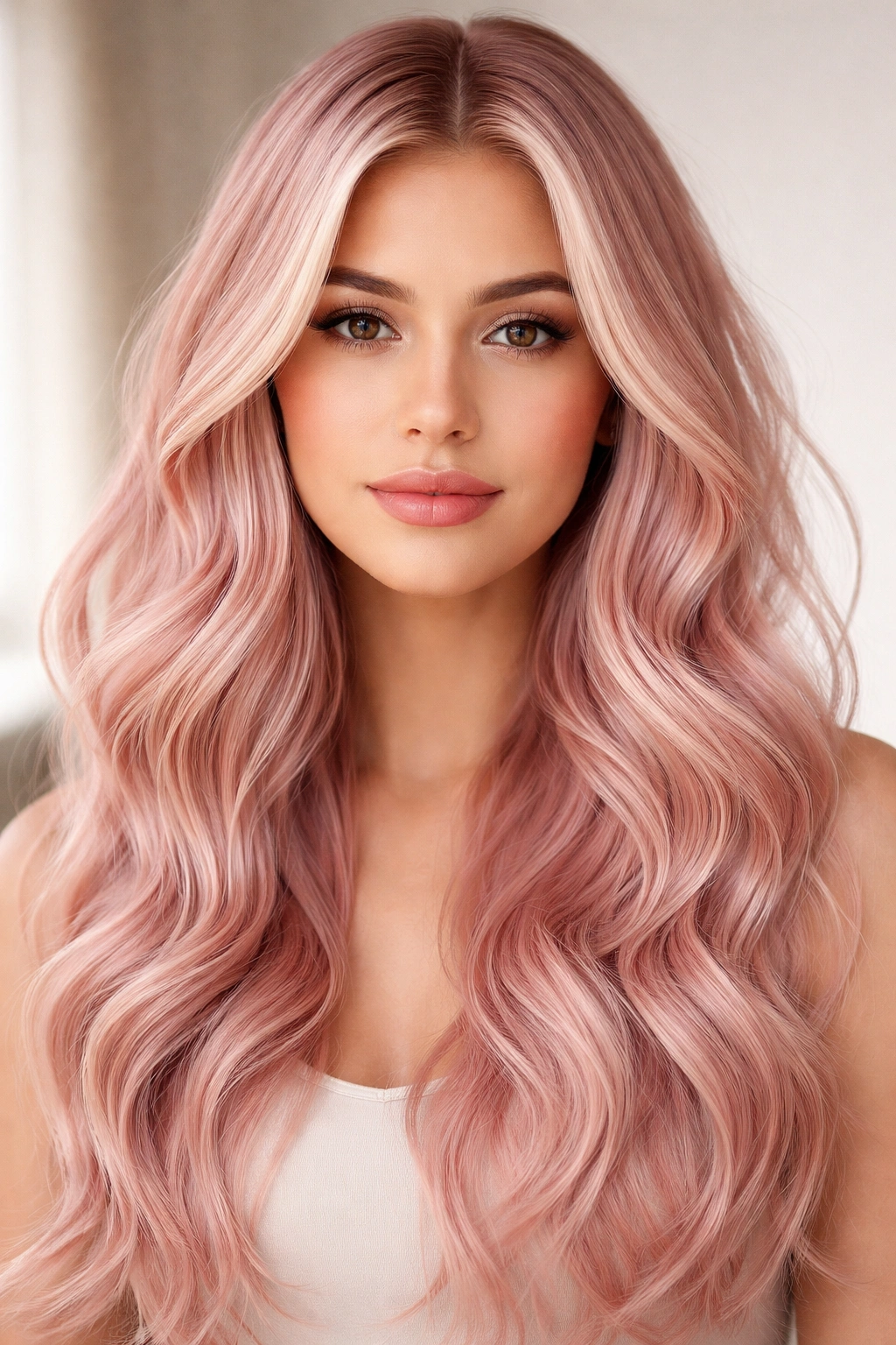 Soft pink hair with subtle highlights framing the face