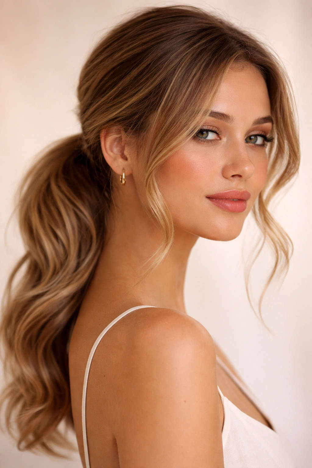 Close-up portrait of a person with a soft romantic low ponytail and loose waves framing the face