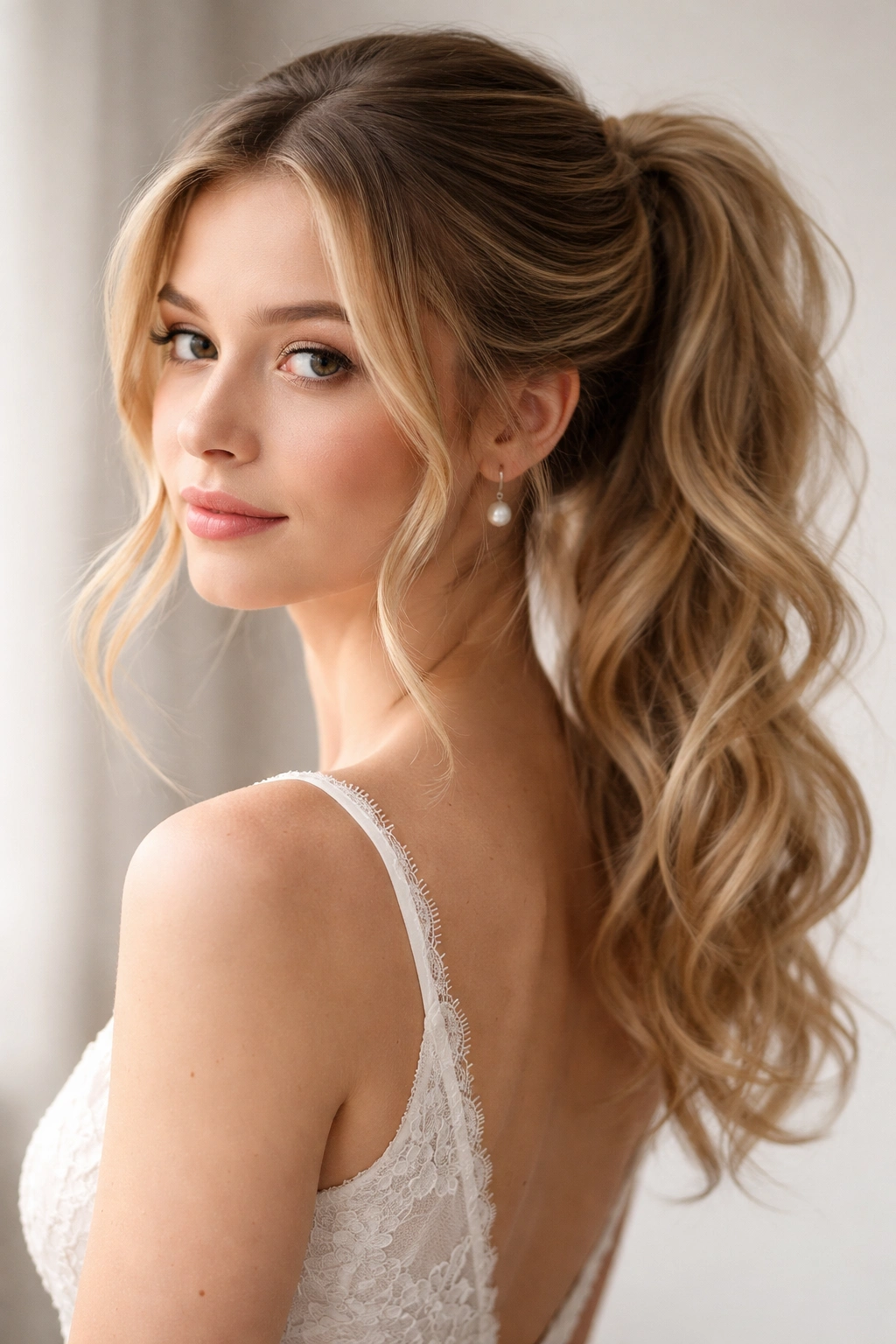Soft ponytail with wispy face-framing pieces and gentle waves