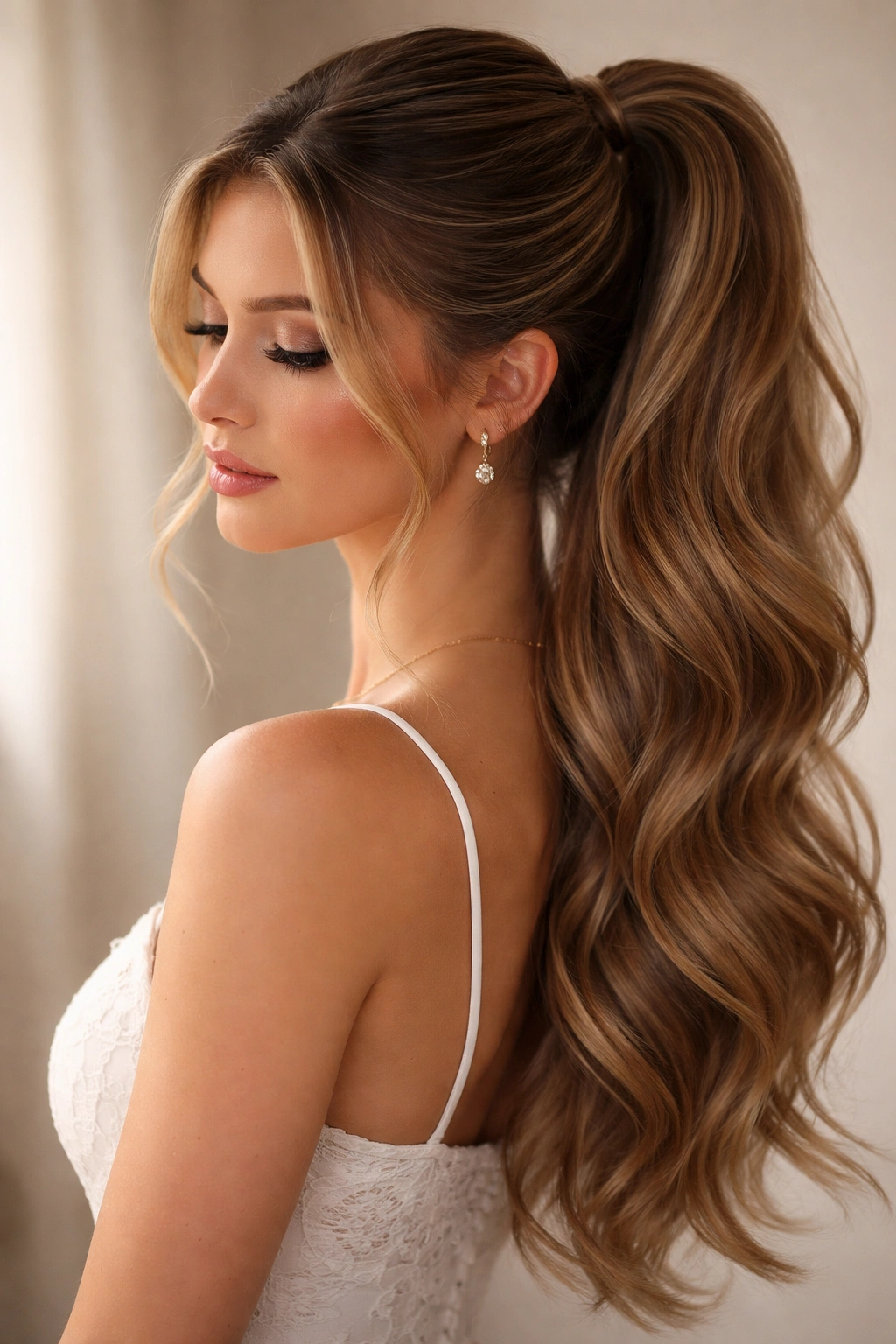 Soft waves and relaxed V Part ponytail with face-framing tendrils.