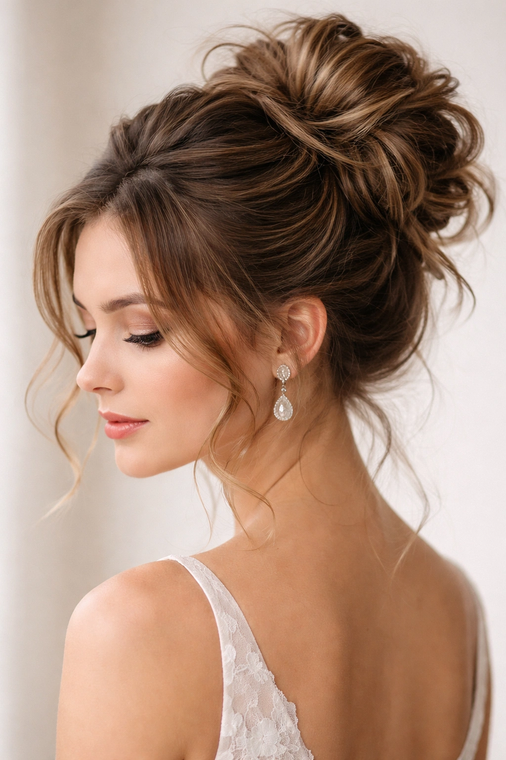 Soft romantic updo with curled sections pinned around the crown