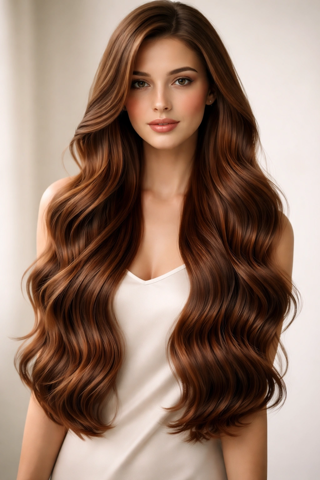 Chestnut hair with long, uniform soft waves cascading down the length.