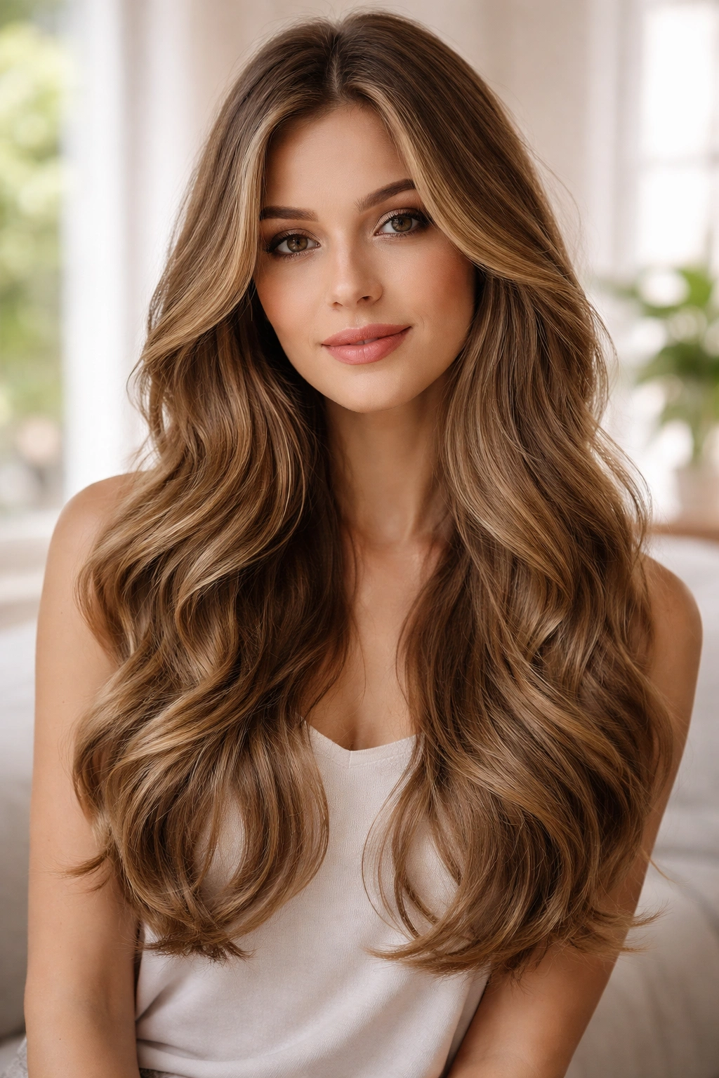 Model with soft romantic waves and gentle face-framing layers in bright, airy light