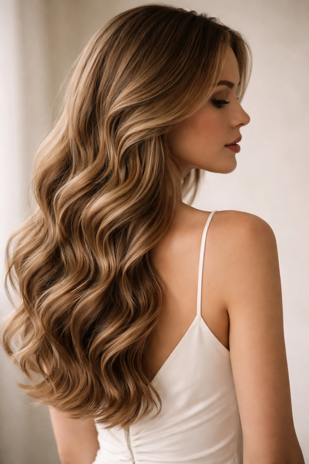 Close-up portrait of a person with soft romantic waves cascading from mid-length to back, no text