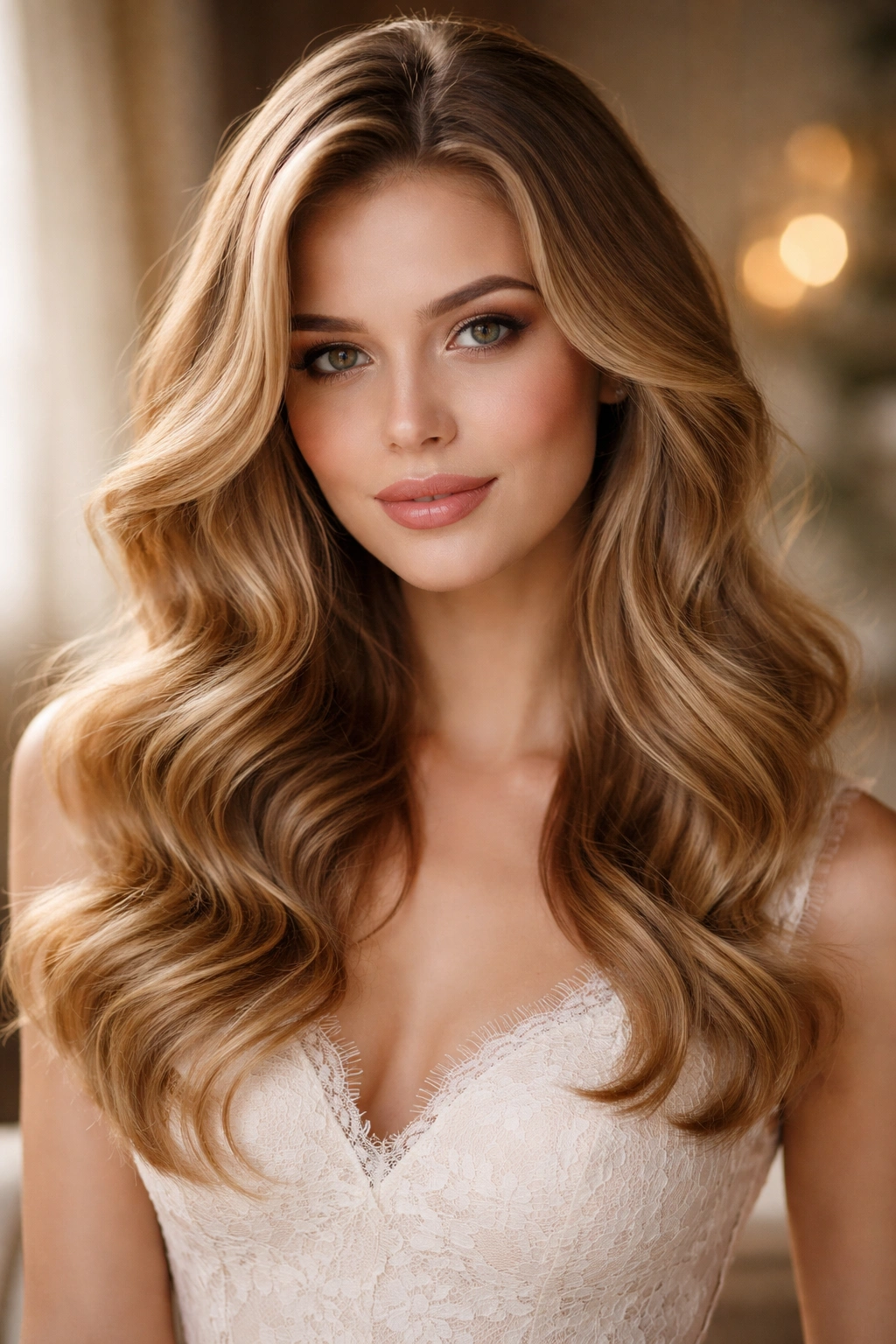 Close-up of soft, loose waves on a model for an elegant party look