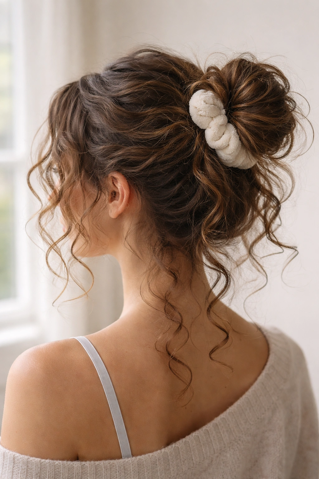 Loose bun held by a soft scrunchie with curls framing the face