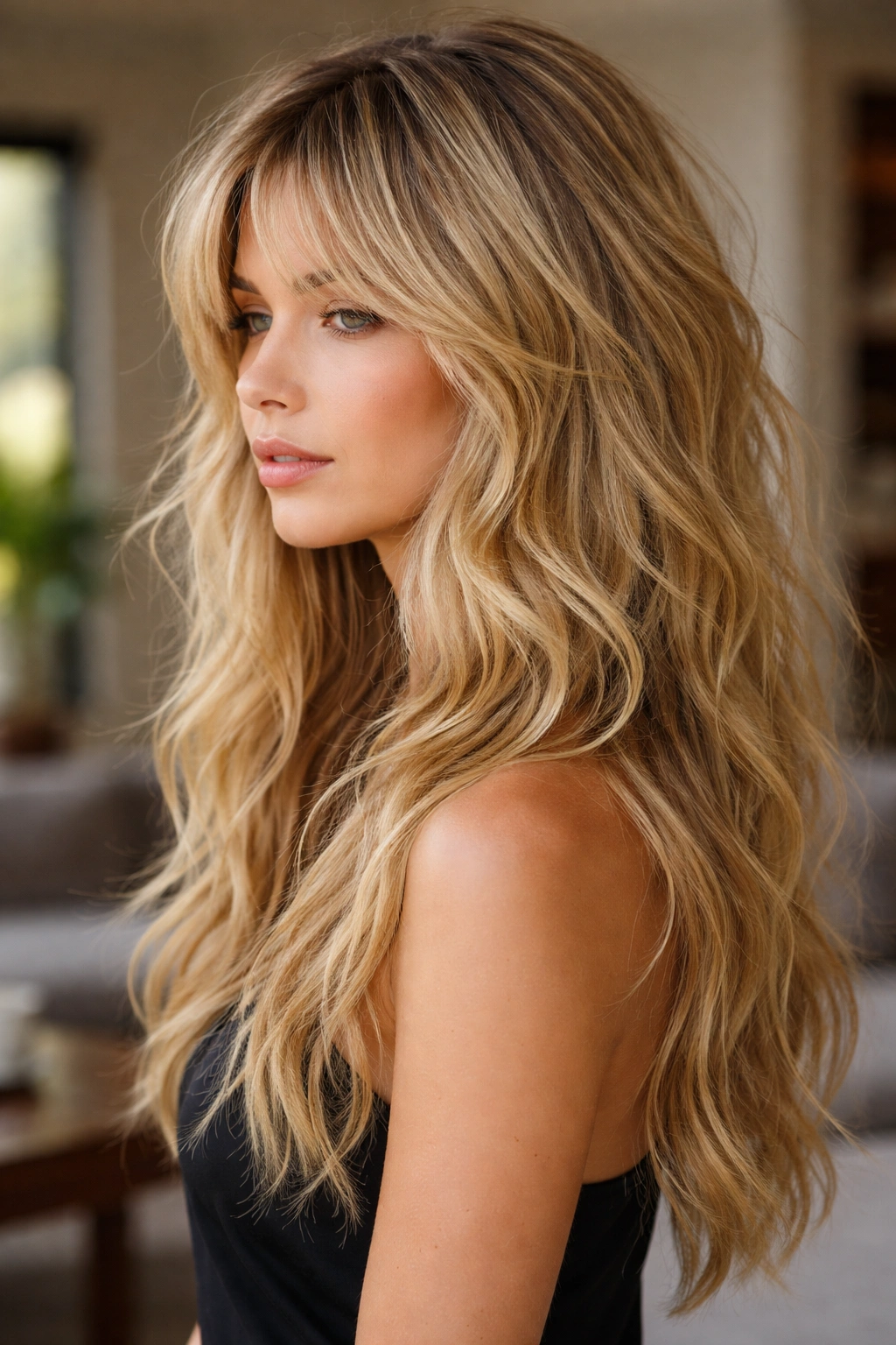 Soft shag hairstyle with wavy texture on long blonde hair.