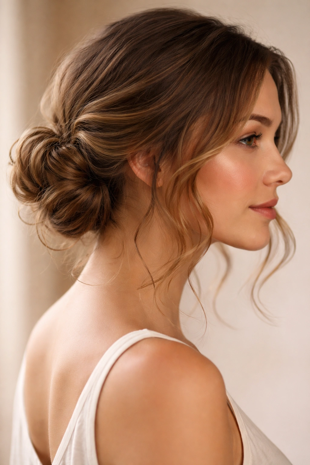 Close-up of a soft side bun on wavy hair with face-framing waves