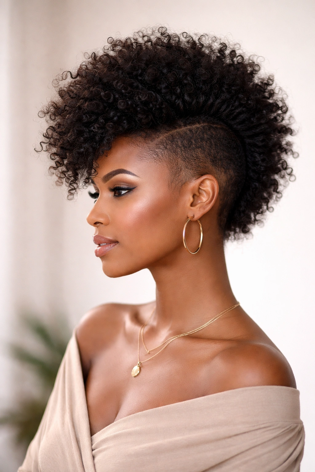 Soft tapered mohawk with gentle side taper and voluminous crown