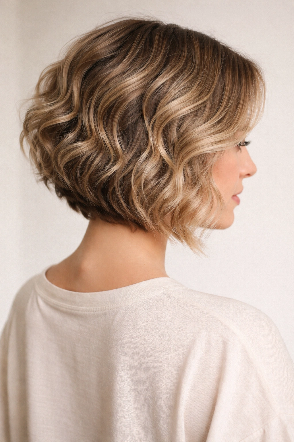 Model with a soft-textured inverted bob showing smooth blended layers and natural waves