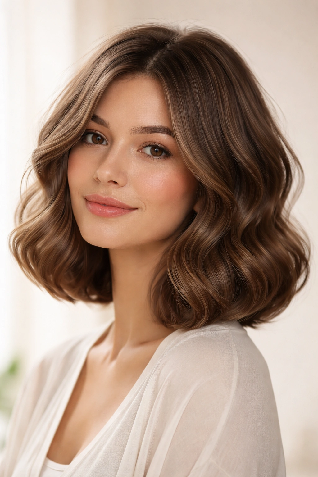 Portrait of a person with a soft-wave bob featuring rounded ends and gentle movement