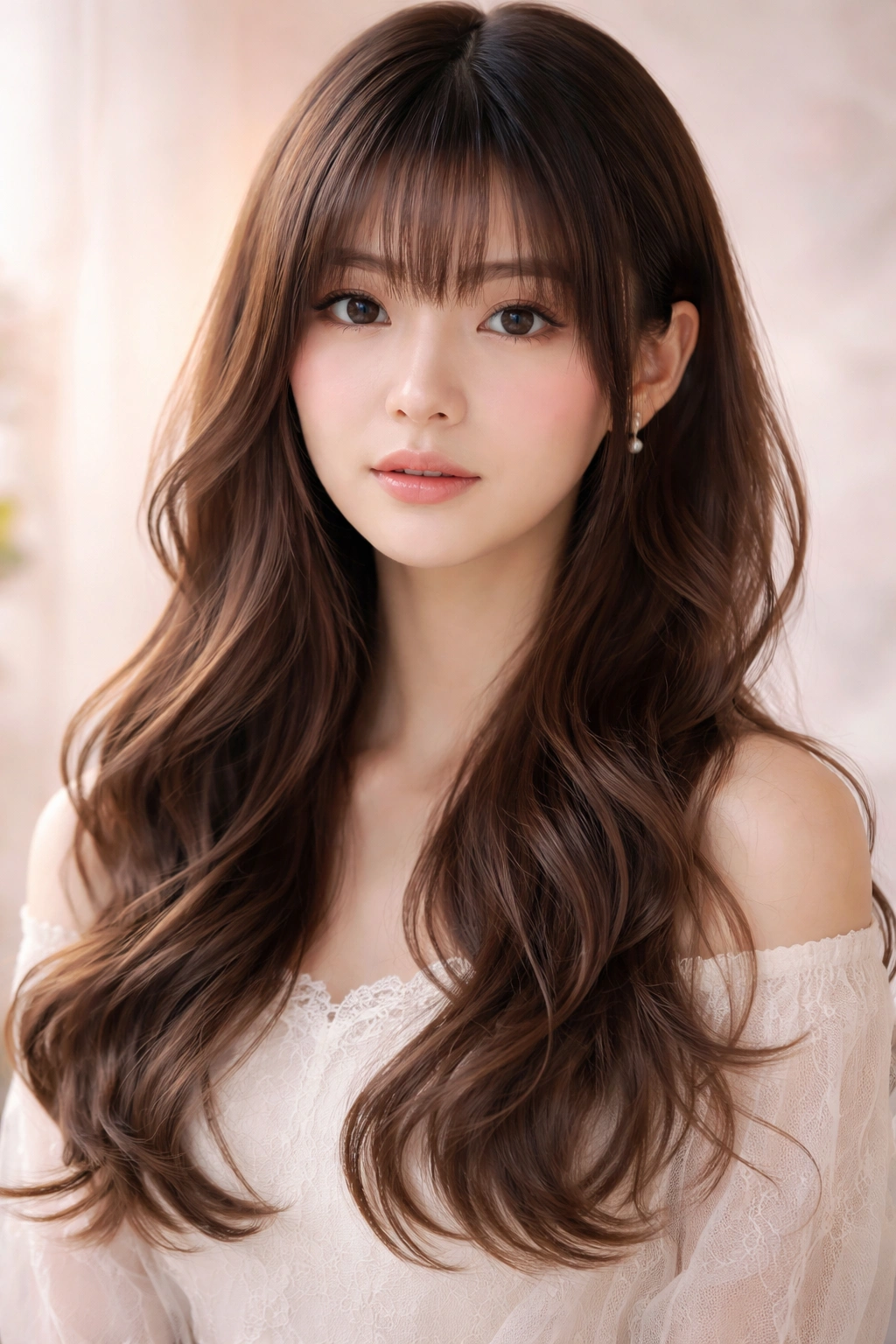 Portrait of a romantic soft-wave hime cut with gentle, flowing waves