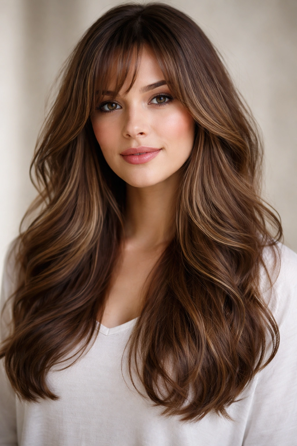 Portrait of a person with soft-wave layered hair and face-framing bangs