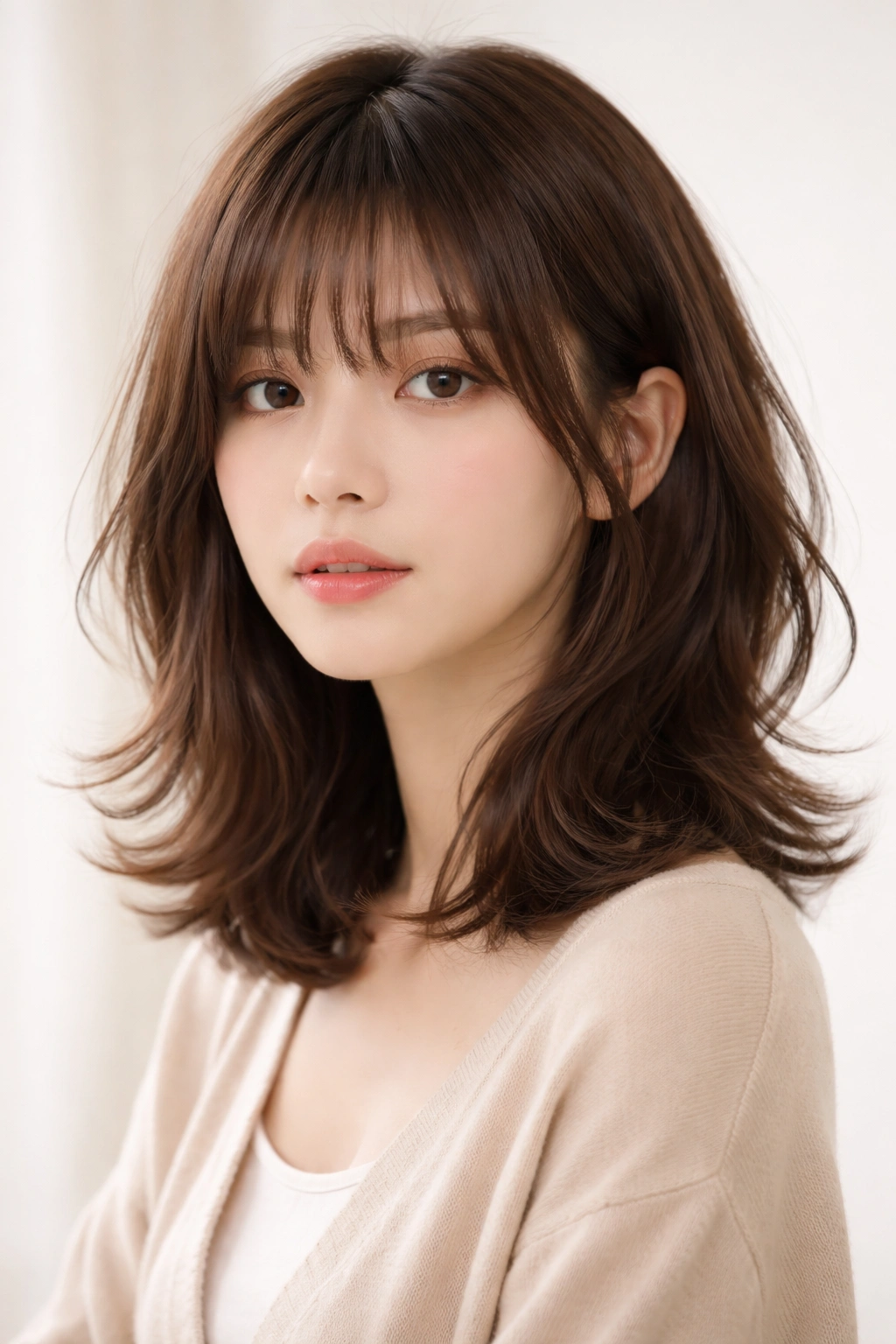 Portrait of soft wave lob hime hairstyle with feathered layers and long sidelocks