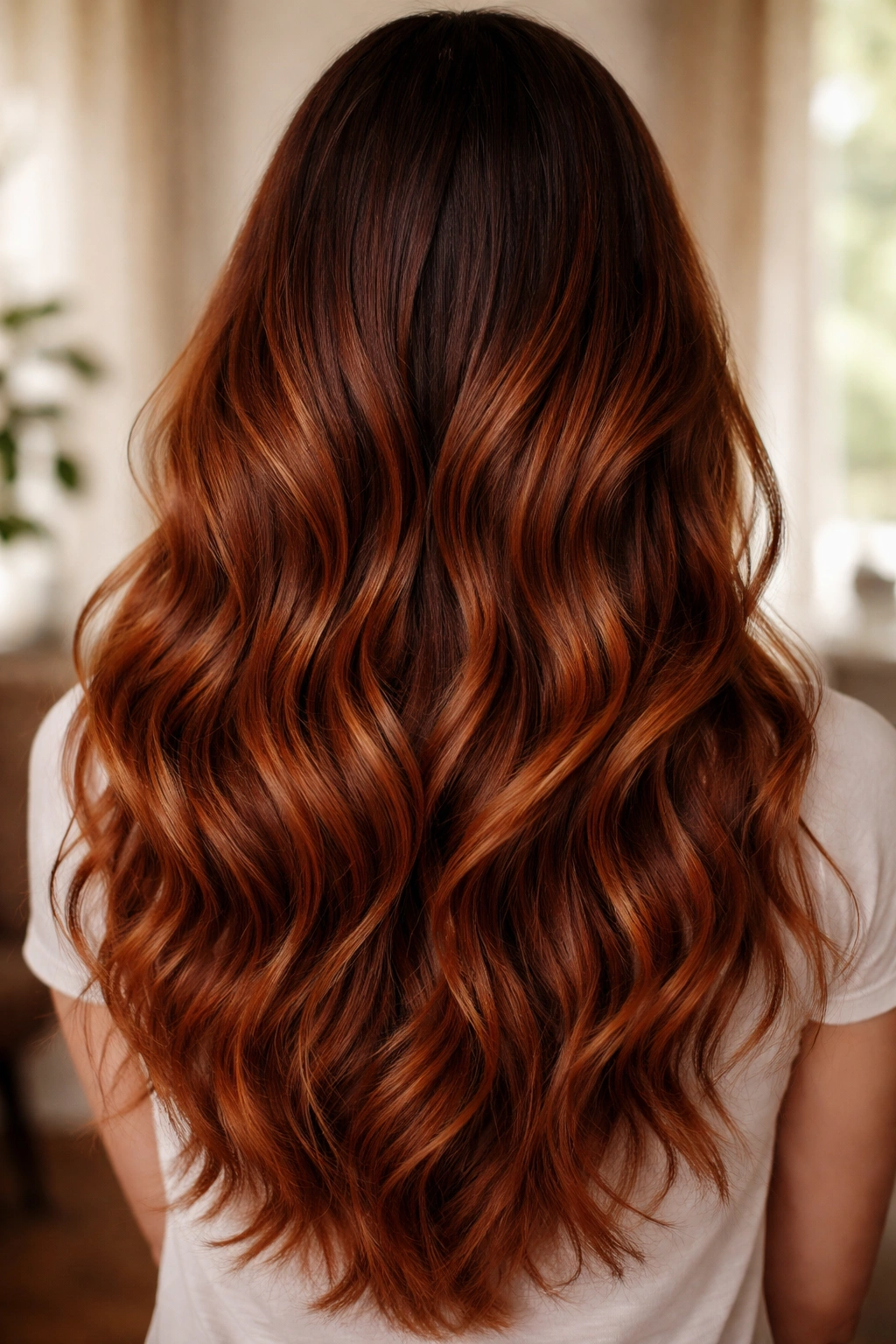 Long auburn hair with soft waves and grown-out balayage roots