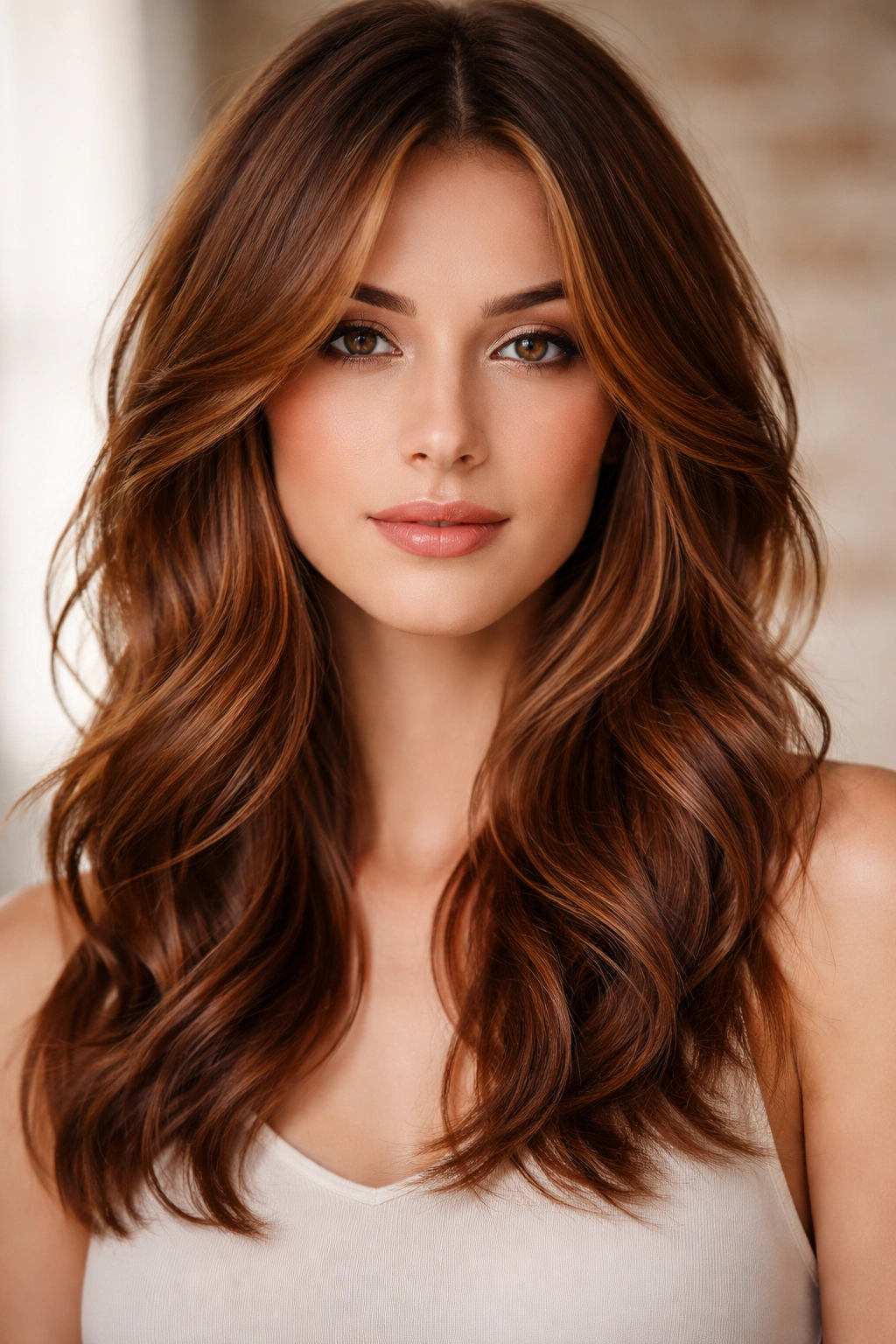 Soft auburn waves with face-framing layers and babylights.