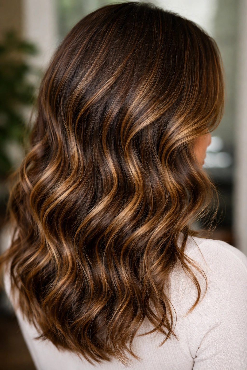 Soft waves with balayage dimension and caramel highlights