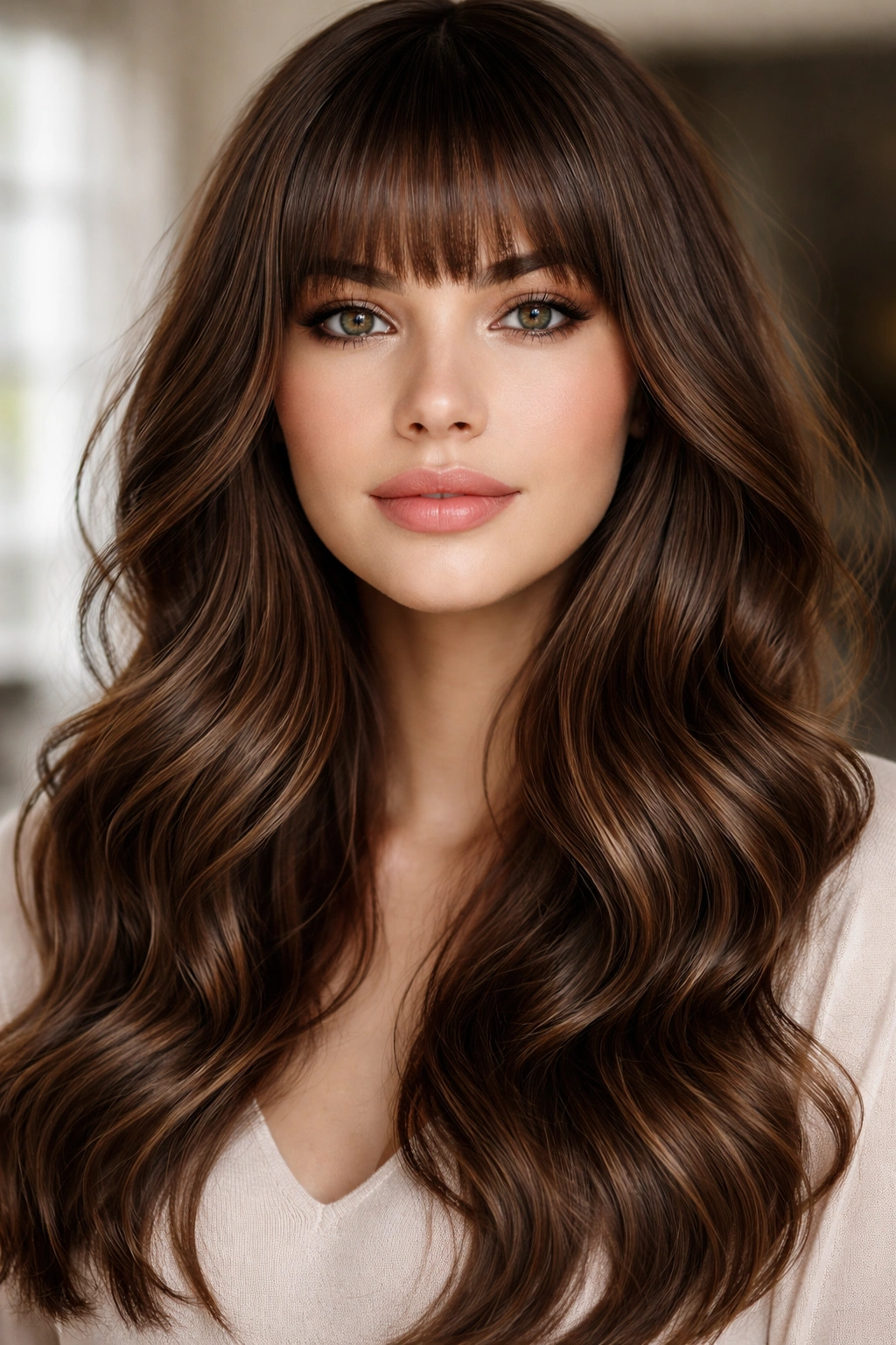 Hair with blunt bangs and soft waves, balanced and polished.