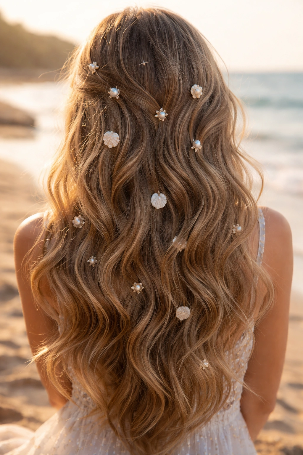 Soft waves with scattered pearl clips in beach hair