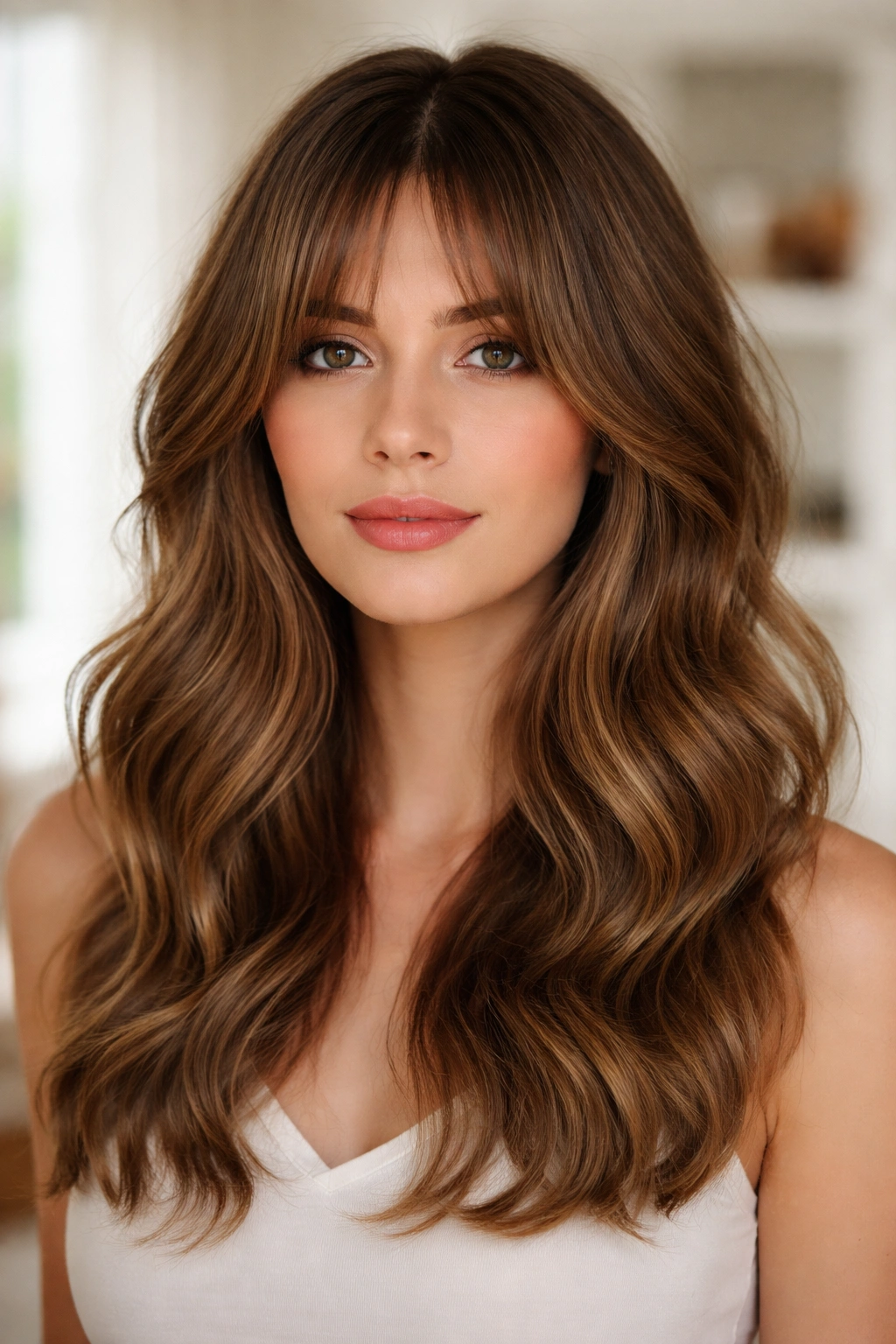 Soft waves with curtain bangs framing the face in a vintage-inspired look