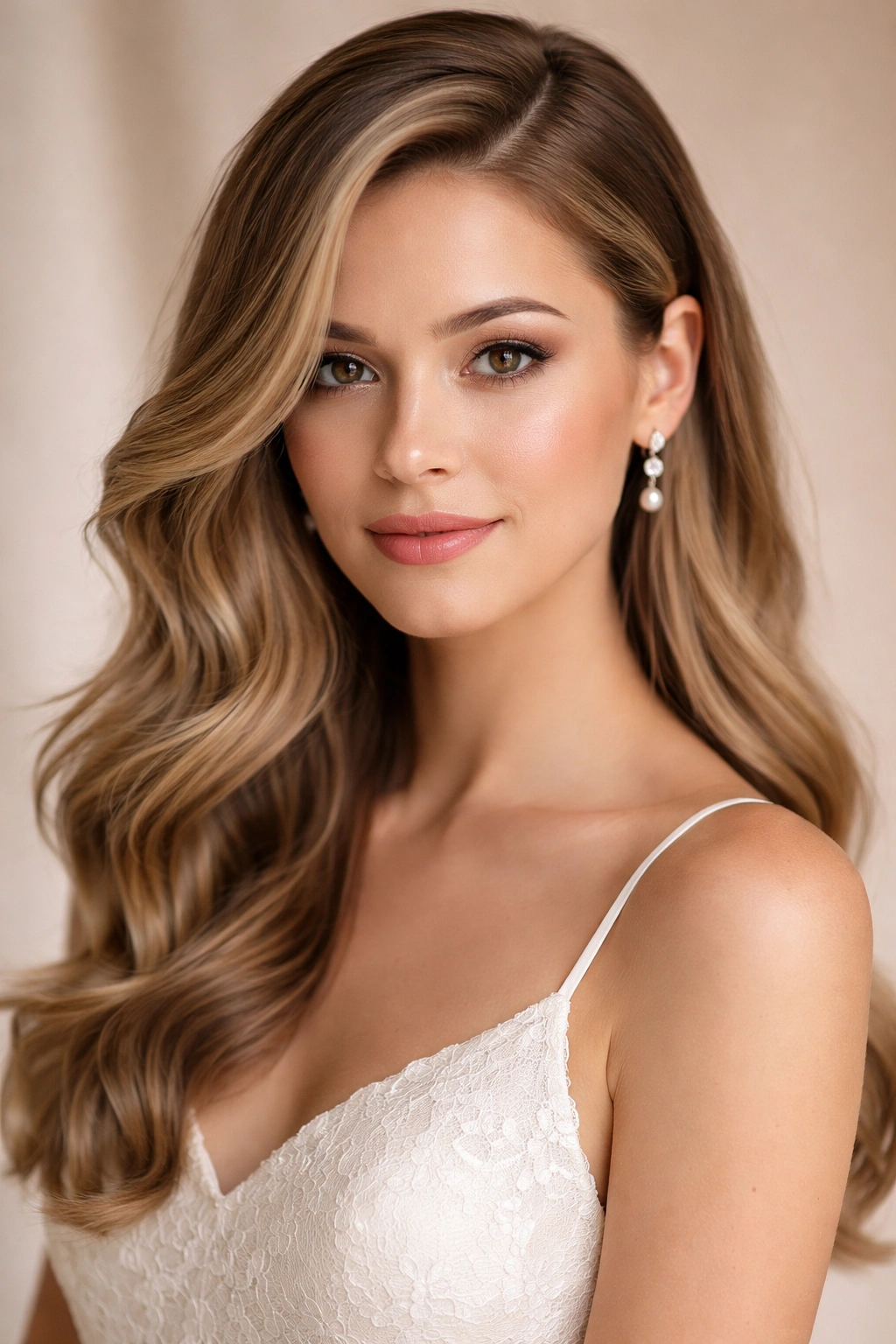 Close-up of soft romantic waves with a deep side part in a bridesmaid hairstyle