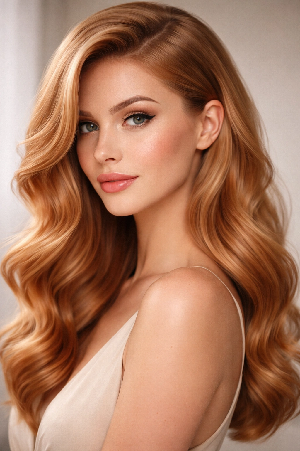 Soft waves with a deep side sweep in strawberry blonde hair