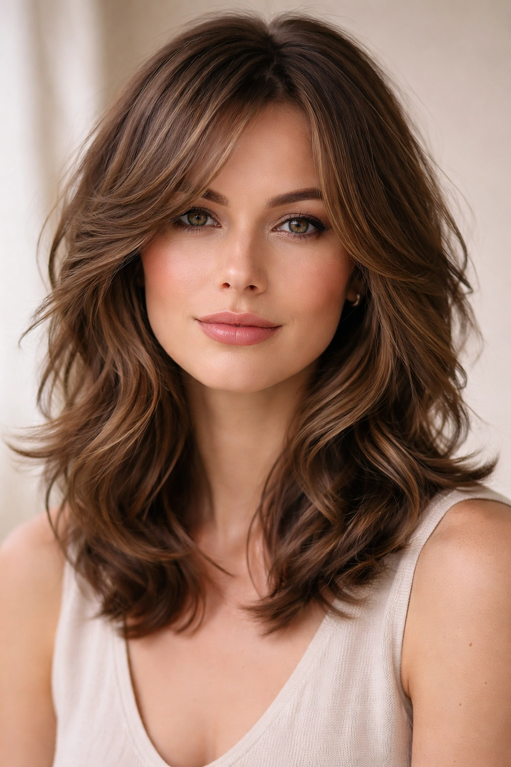 Close-up of a shoulder-length hairstyle with soft feathered layers and romantic waves framing the face