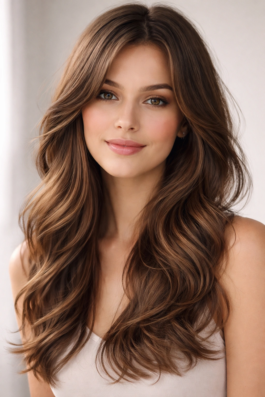 Portrait of a person with soft waves and feathered layers, showcasing wispy tapered ends.