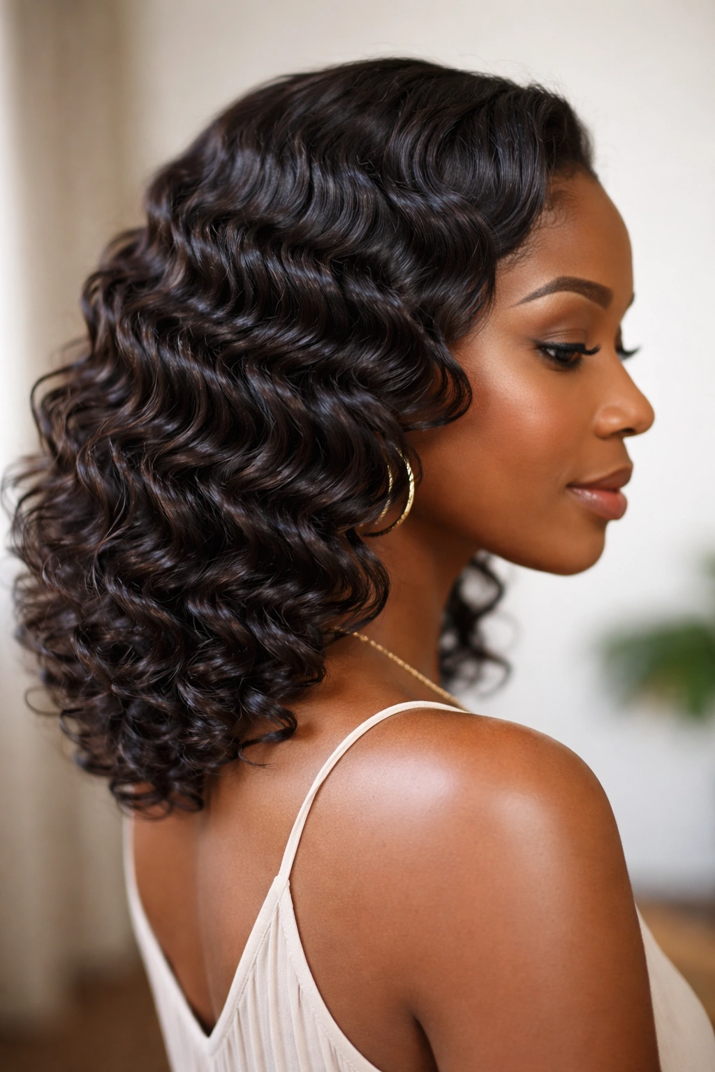 Soft waves created by wave gel and finger-coiling on natural hair