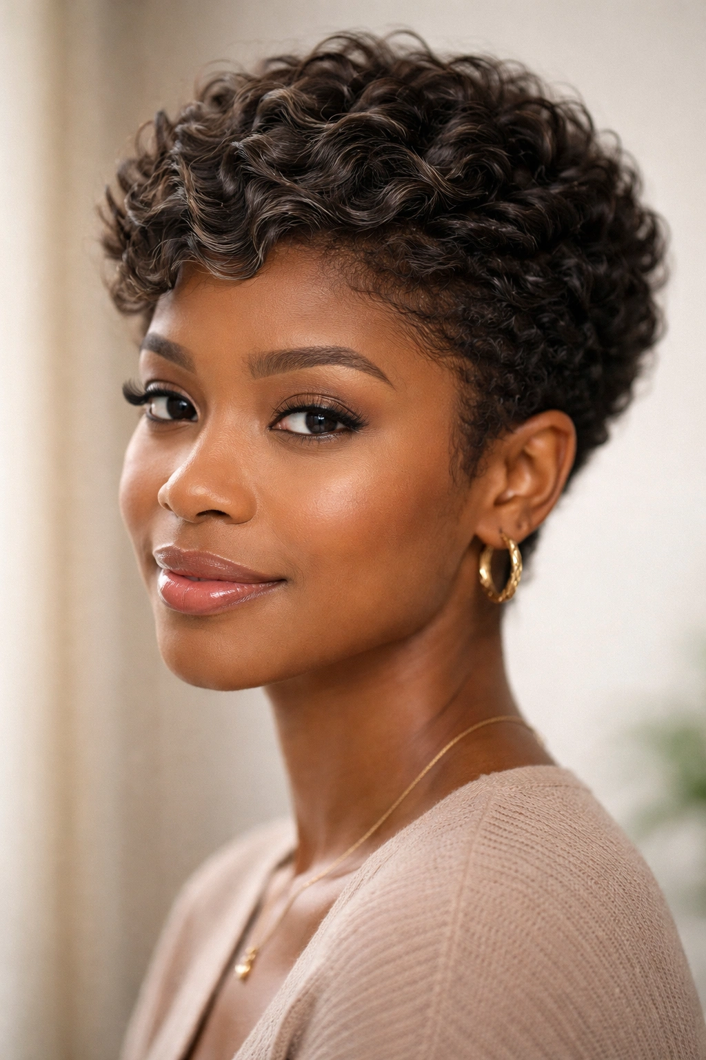 Head-and-shoulders view of a short afro with soft loose waves