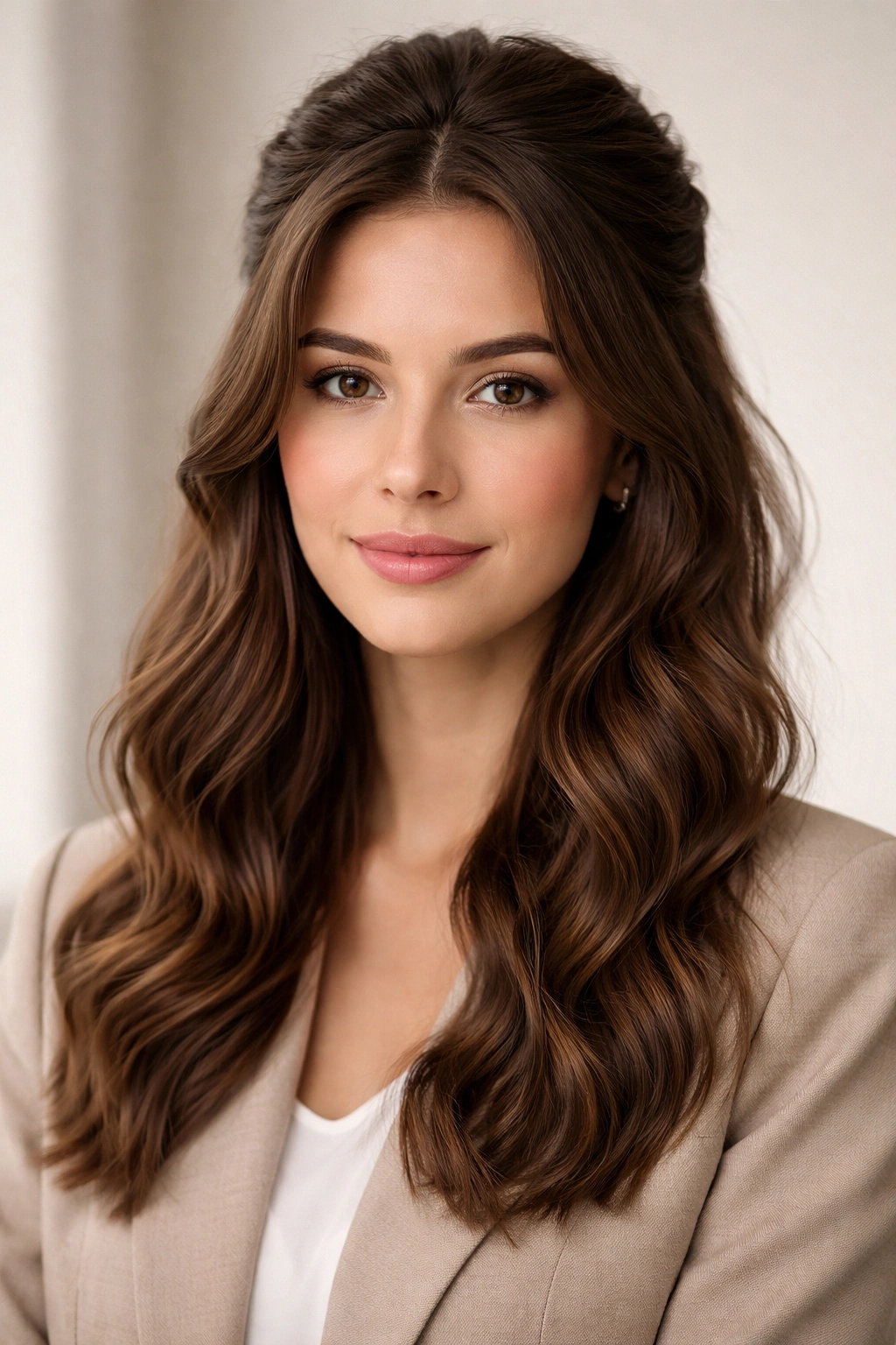 Close-up of a professional individual with soft waves and a half-up style.