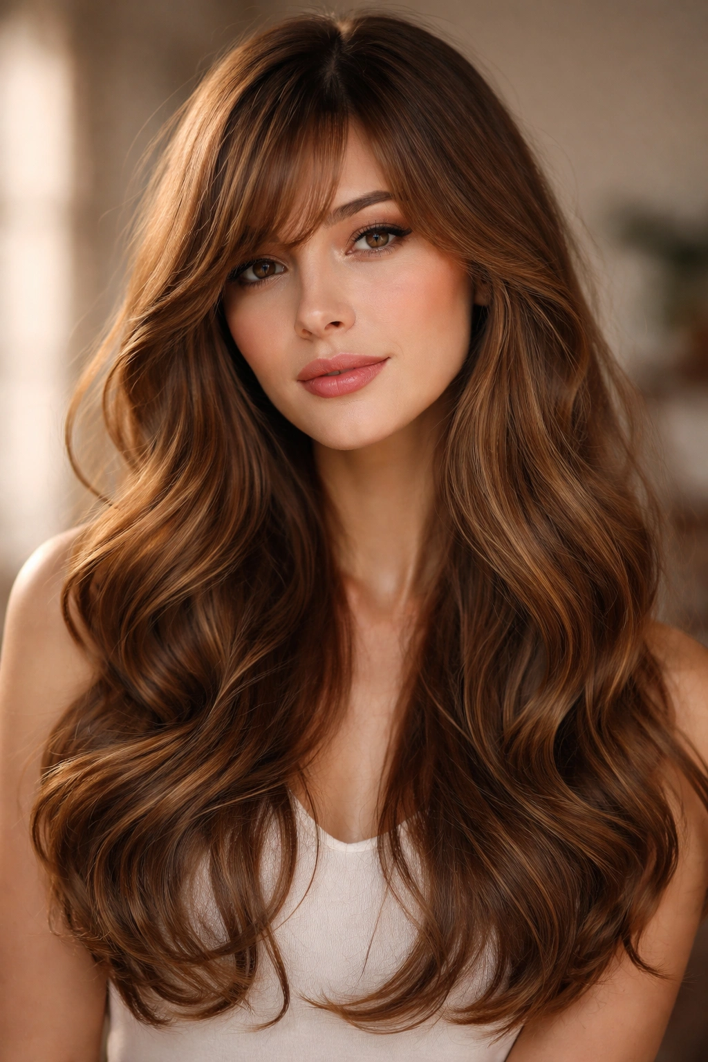 Soft waves with wispy side-swept bangs in honey brown on a portrait