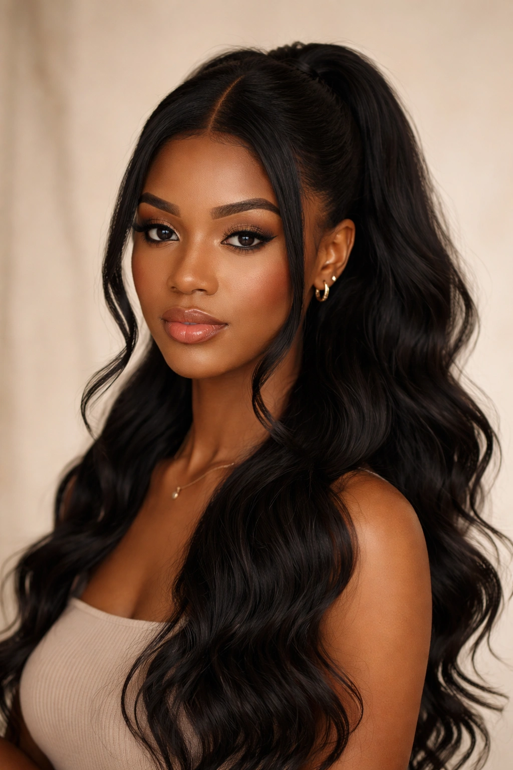 Portrait of a Black woman with soft waves and a middle part ponytail