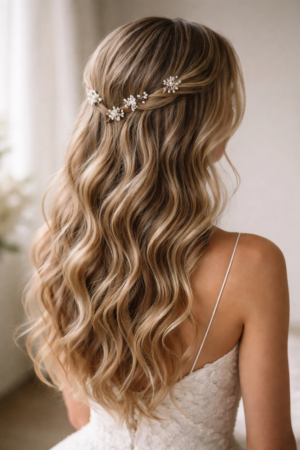 Soft beach waves with small delicate pins in a bridal hairstyle