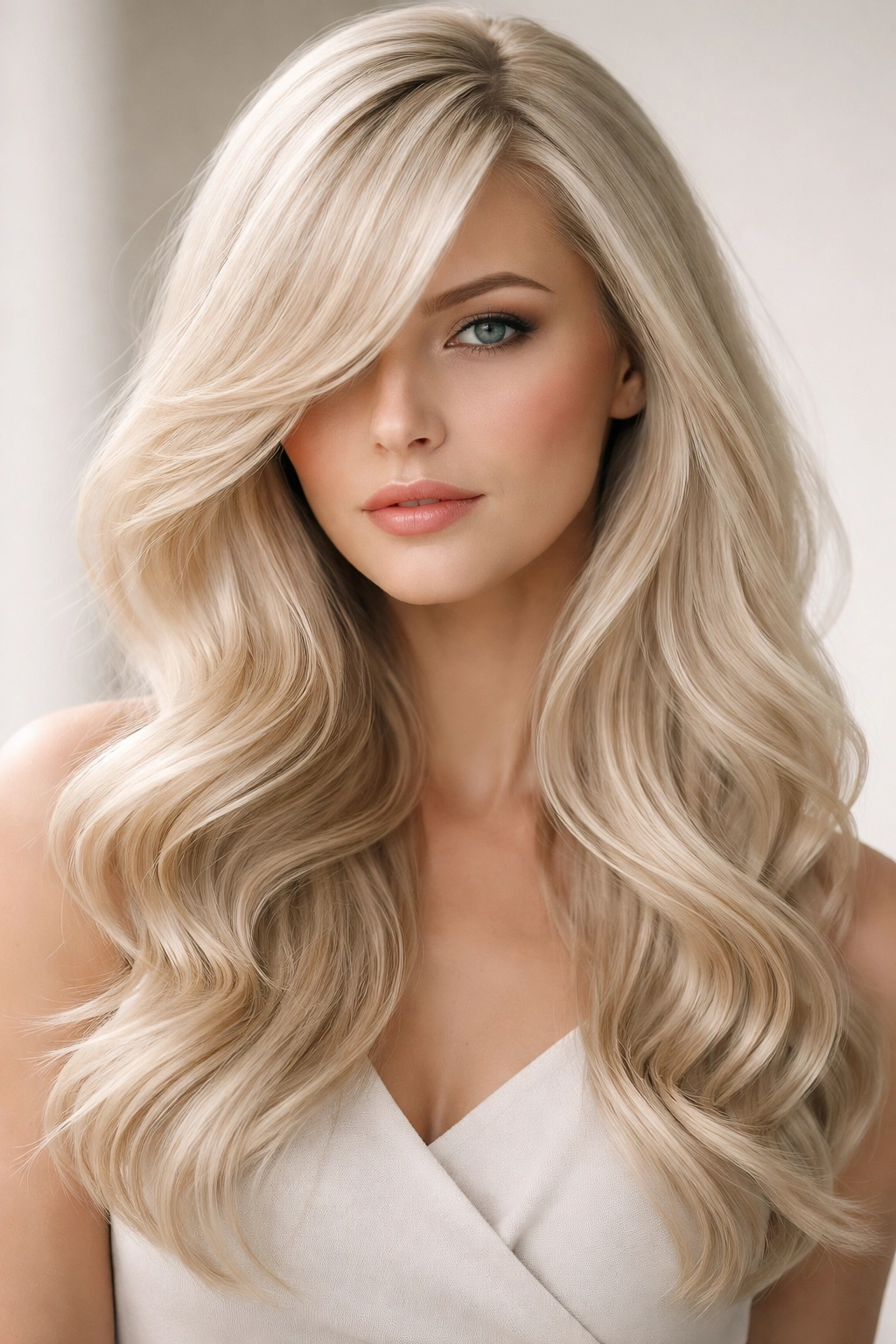 Portrait of platinum blonde hair in soft waves with long side-swept bangs