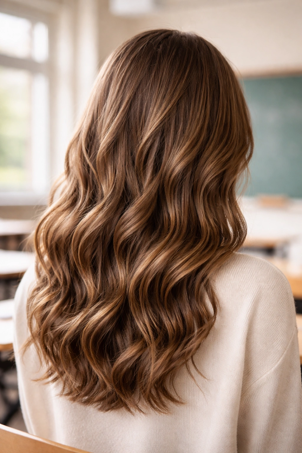Close-up of a head with soft natural waves framed by hair showing polished school hairstyle